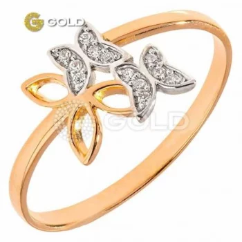 Кольцо Бабочка с фианитами из красного золота 585 пробы